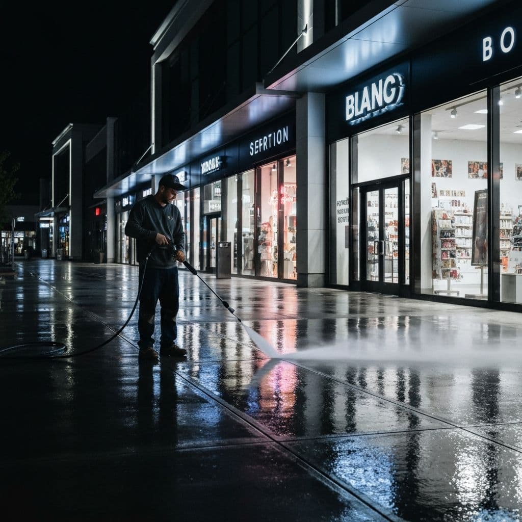 Professional commercial property exterior cleaning in progress