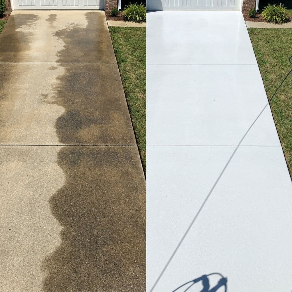 Before and after comparison of a pressure washed driveway